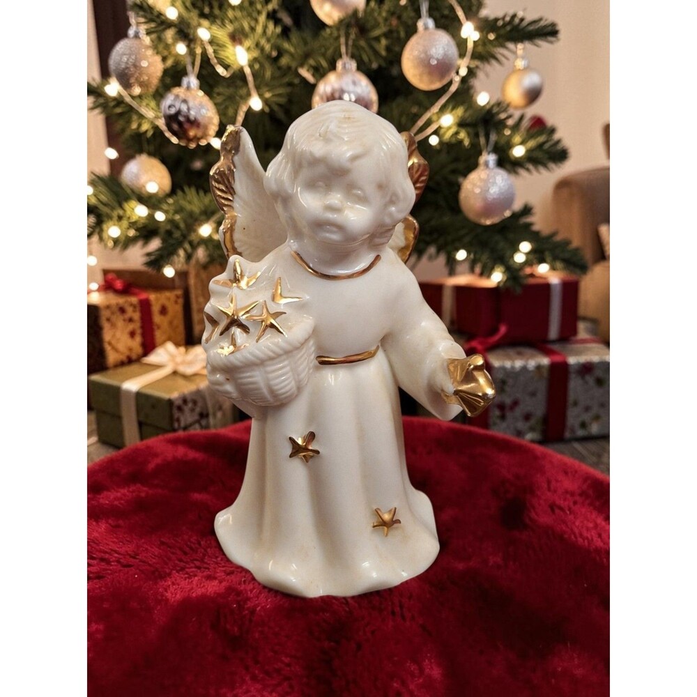 Vintage Ceramic Angel Bell Figurine with Gold Stars and Trim Christmas Decor